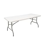 MARCPRINT - Mesa Plegable 180 x 70 cm Interior y Exterior, Carga 150 kg Asa de Transporte Plegado por la Mitad Patas de Acero Altura 74 cm para Camping, Eventos, Comedor, Resina HDPE Color Blanco
