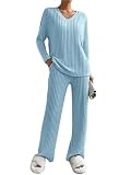 Yutdeng Conjunto Punto Mujer Invierno Conjuntos de 2 Piezas Jersey Cuello V Pantalon Recto Traje de Punto Dos Piezas Traje de Casa Pijamas Manga Larga Acanalado Conjunto Deportivo Casual