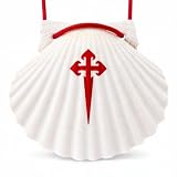 Concha de peregrinación para el Camino de Santiago (muy poco veteada) – Concha natural de Galicia con cordón rojo con diseño de Cruz de Santiago de 10 a 11 cm para mochila y bastón de peregrino o