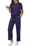 GRECERELLE Conjunto de dos piezas de viaje para mujer, de manga corta, casual, cuello redondo, conjunto completo de camisetas de manga casquillo y pantalones de correr con bolsillos, azul marino, L