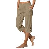 Pantalones Mujer Verano 3/4,Algodón y Lino Pantalón Capris Cómodos con Bolsillos Elástico Cintura Alta con Cordón Pantalon Pirata Rectos Ligeros Frescos para Playa Cómodo Transpirable Pants