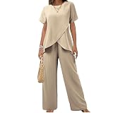 Co Ord - Conjuntos de ropa casual de verano para mujer, conjunto de 2 piezas para mujer, a rayas, irregular, manga corta, cuello redondo, pantalones de pierna ancha, cómodos, elegantes, para viajes