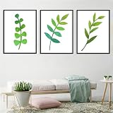 WBYZAC Arte Mural,Cuadro Abstracto de Acuarela Con Hojas de Plantas Verdes Ideal para Decorar Paredes Dormitorios Cocinas Salas de Estar y Mucho Más-40 * 50cm-3Pcs (Sin Marco)