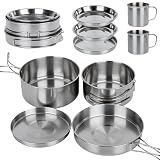 YYTECH Juego de utensilios de cocina para camping, juego de vajilla de acero inoxidable, olla de camping con sartén, utensilios de cocina portátiles, cubiertos plegables, juego de ollas apilables