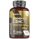 Vitamina C 1000mg y Zinc - 180 Comprimidos Veganos para 6 Meses | La Vit C Contribuye al Funcionamiento Normal del Sistema Inmune, el Zinc Contribuye al Mantenimiento Normal de la Piel (EFSA)