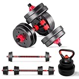 JUPPLIES Juego de Mancuernas Ajustables 4 en 1 + Kettlebell - 10kg 20kg 35kg - Kit de Pesas con Barra Recta Ajustable y Antideslizante - Pesas y Mancuernas Discos Recubiertos - Set de 10 kg