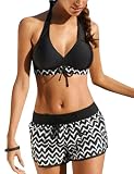 Tuopuda Traje de baño de Mujer de Dos Piezas Push Up Floral Halter Tankini Set con Shorts Bikini de Traje de baño Deportivo de Cintura Alta para el Mar Playa Piscina Fiesta Vacaciones(Negro,L)