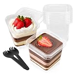 MeYuxg Vasos de postre de plástico con tapa, 360 ml, 50 vasos de postre de plástico con 50 cucharas, reutilizables, cuencos cuadrados de postre para tiramisú, postres, pudín mousse helado
