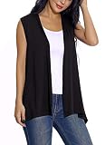 Mujeres Casual Solido Drapeado Cárdigan Ligera Frente Abierto Chaqueta sin Mangas (XL, Negro)