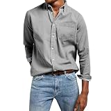 Camisa de manga larga con botones para hombre, informal, ajustada, cuello abatible, tela de algodón suave para primavera y uso diario, gris, L