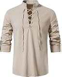 Enlision Camisas de Lino y algodón para Hombre con Cordones Estilo Medieval Vintage de Manga Larga clásicas escocesas jacobitas Estilo Ghillie Color Caqui Tallas XL