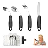 BTIUGYI Parkinson - Juego de 4 cubiertos de acero inoxidable con bolsa de almacenamiento, cubiertos gruesos con mango, cubiertos para personas mayores con discapacidad, artritis Parkinson o personas