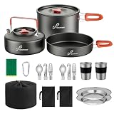 Juego de utensilios de cocina para acampar para 2 personas, olla de camping y hervidor de agua con tazas, platos, cuchillos, cucharas, tenedores, cubiertos para camping, picnic al aire libre