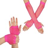 Yolev 2 Pares Guantes de Rejilla de Color Rosa Neón para Mujer Guantes sin Dedos Guantes Largos y Cortos de Rejilla Suministros para Disfraces de Fiesta de Discoteca Retro de los años 80