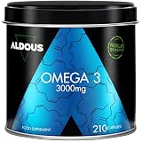 Omega 3 capsulas - 210 cápsulas - 3000mg dosis diaria - Omega 3 EPA y DHA | Capsulas blandas de Aceite de Pescado puro - Vitamina E, Ácidos grasos - Colesterol, Visión, Cerebro -Más de 2 meses - ALDOUS