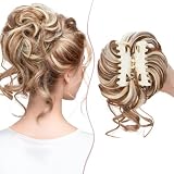 SEGO Moño Postizo Rizado Pelo con Pinza Coleta Postiza Pelo Sintético Se Ve Natural Extensiones de Cabello Ondulado Postizos para Mujer (#12H613 Castaño Claro a Blanqueador Rubio,75g)
