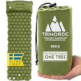 TRINORDIC Esterilla de acampada hinchable ultraligera con almohada - Colchón de aire individual que ahorra espacio - Equipo de acampada duradero y ligero para aventuras al aire libre