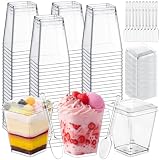 50 Vasos Postre con Cucharas,5OZ/160ML Vasos Postre Plástico Cuadrados,Reutilizables Copas Postre con Tapa,Transparentes Para Mousse Pudín Helado Buffet Fiesta Cumpleaños Picnic