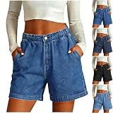 Pantalones Cortos Elástico Mujer Vaqueros Pierna Ancha con Cintura Alta Verano Casual Denim Shorts Talla Grande Pantalon Corto Vaquero Elegantes Comodos Bermudas Jeans Retro Original