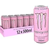Monster Energy Ultra Strawberry, Bebida Energética Sin Azúcar, 12 x 500 ml