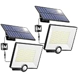 Lámpara solar al aire libre detector de movimiento, [3 modos/204LED/2000LM] luz solar exterior impermeable IP65 iluminación exterior solar, foco LED con cable de 16,4 pies para jardín, garaje[2
